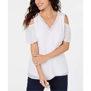 JM Collection Women's V-Neck Embellished Cold-Shoulder Top Size XXL White Gold
